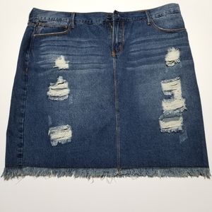 Iris Jeans Denim Skirt Distressed Raw/Frayed Hem